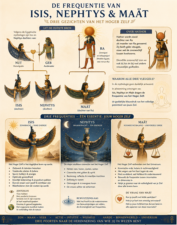 Egyptische godinnen Maät, Isis en Nepthys en Hathor lineage